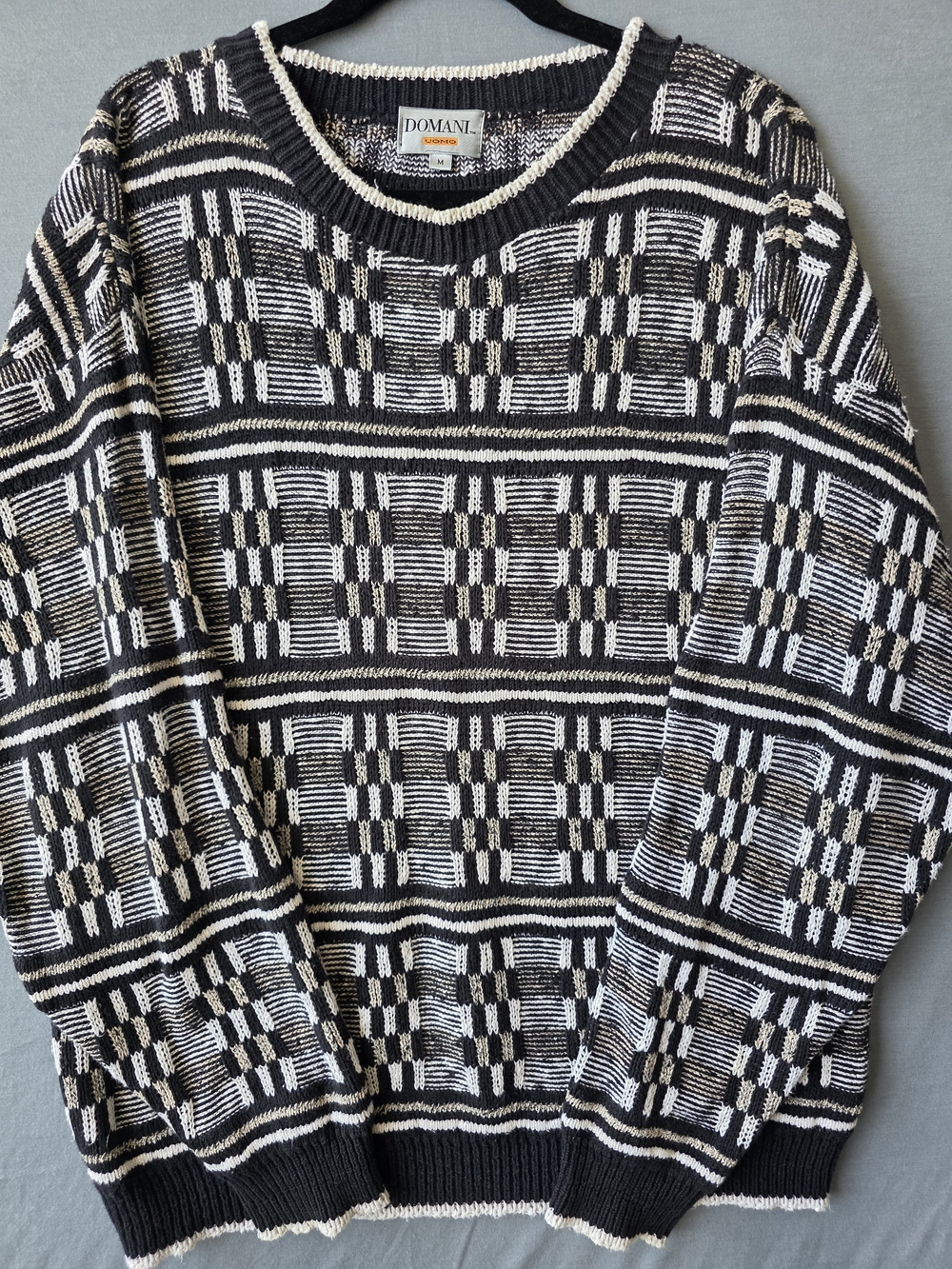 Domani Uomo Men’s Medium Geometric Knit Sweater Black Cream Retro Coogi Style